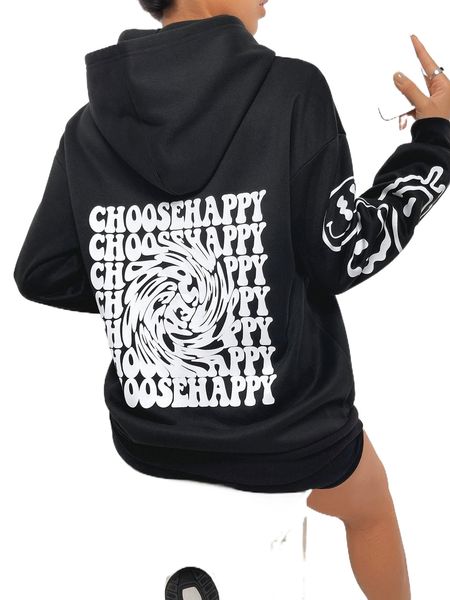 

cartoon & letter graphic drop shoulder drawstring hoodie h7ff#, Black