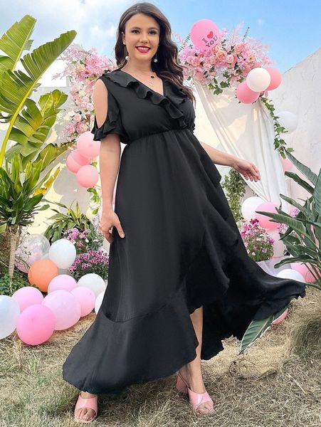 

plus cold shoulder ruffle trim overlap collar dress j6ck#, Black