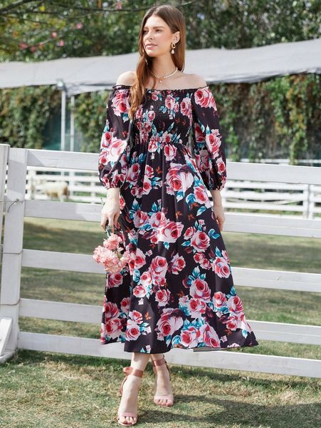 

floral print shirred off shoulder dress 32en#, Black;gray