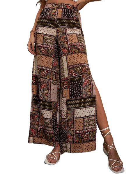

patchwork print slit hem wide leg pants 01fc#, Black;white