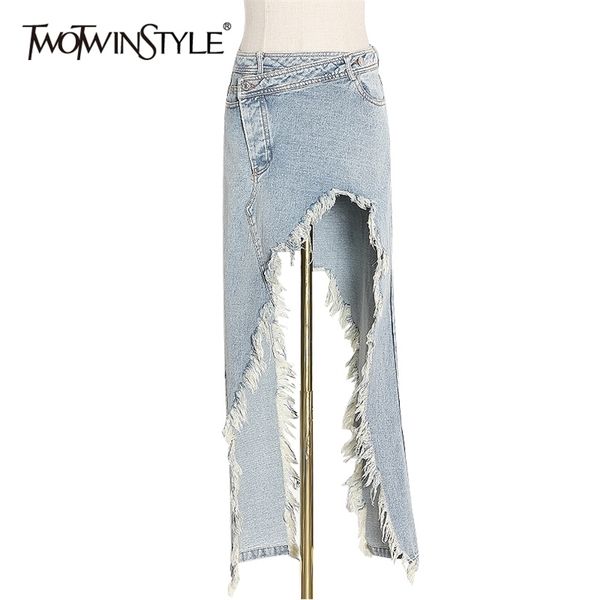 

twotwinstyle patchwork tassel asymmetrical denim skirts high waist pocket irregular hem skirts female spring fashion 210315, Black