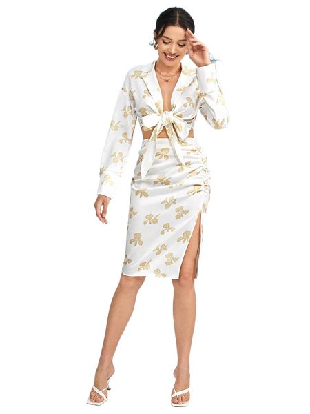 

x lital ofir floral print drop shoulder satin & ruched split thigh skirt 307j#, White