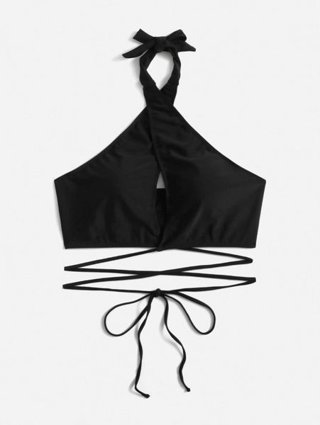 

plus solid lace up cross bikini l2fu#, Black