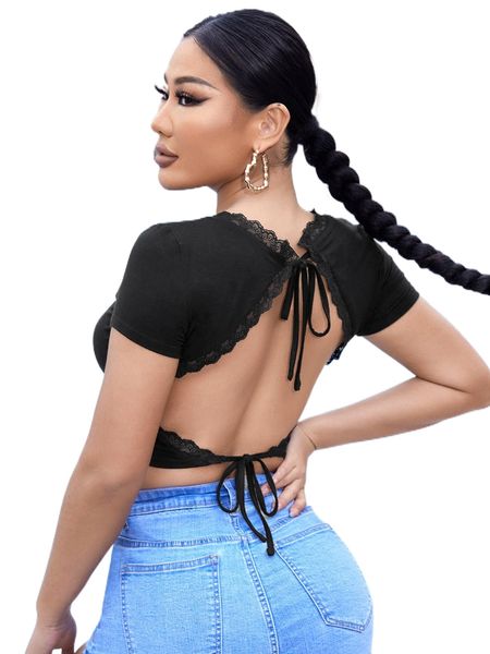 

contrast lace cut out tie back tee m3nn#, White