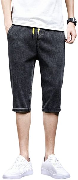 

elastic waist jean shorts classic fit distressed summer denim short pants washed knee length fit jeans 87th#, White;black