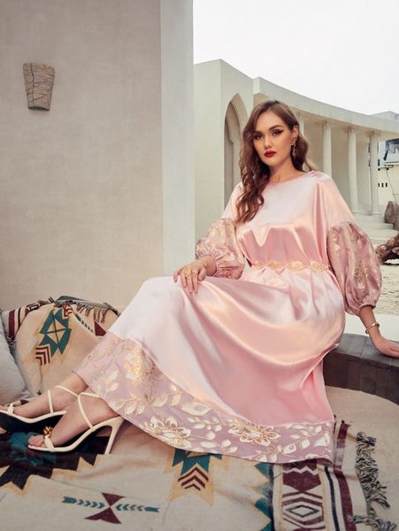 

plus floral jacquard satin lantern sleeve dress m6jx#, Black