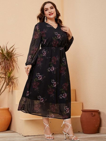 

plus floral print lantern sleeve dress o0yn#, Black