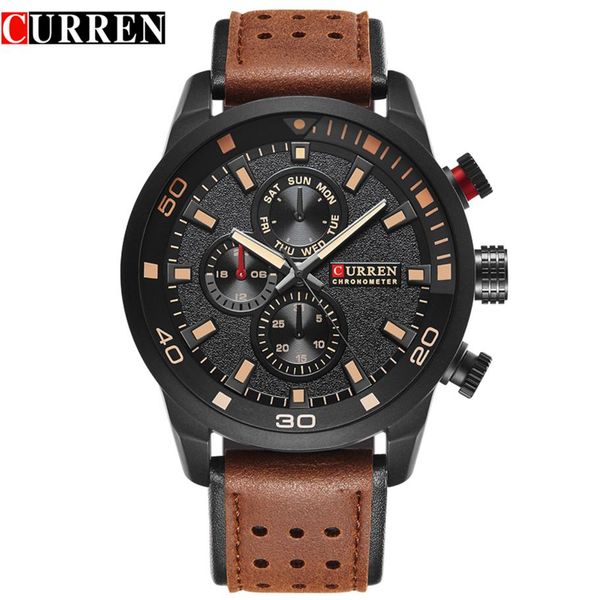 

curren brand fashion casual quartz wrist watch men leather relojes leather strap round quartz wristwatches 8250267w, Slivery;brown