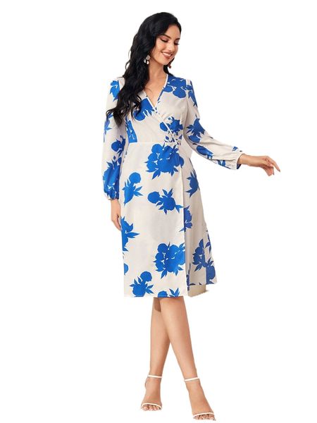 

1pc floral print puff sleeve dress c2gi#, Black;gray