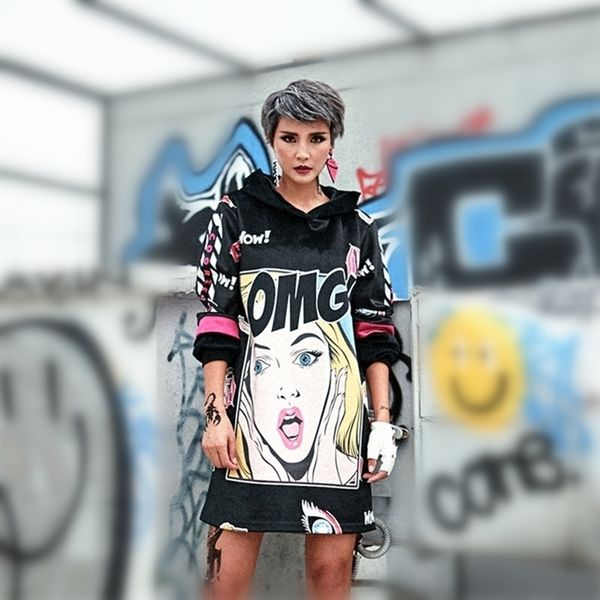 

just.be.never women hip hop style long hoodies pullovers hooded cartoon high streetwear omg letter print winter warm large size y200610, Black