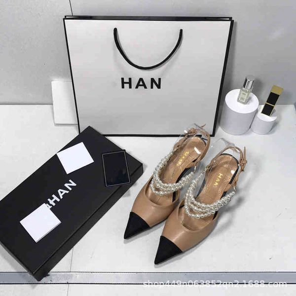 

sandals xiaoxiangjia pearl kitten heel spring and summer lingge soft leather bottom color matching light luxury fashion women's shfl, Black