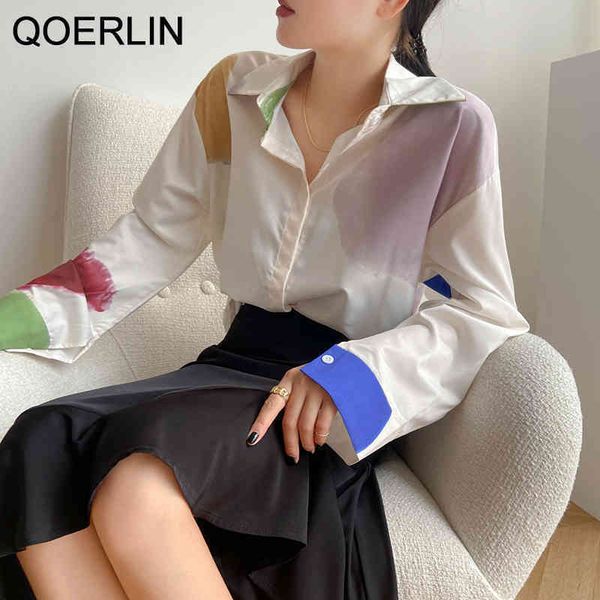 

qoerlin color splicing blouse women korean style turndown collar single breasted long sleeve loose casual shirts female 210412, White