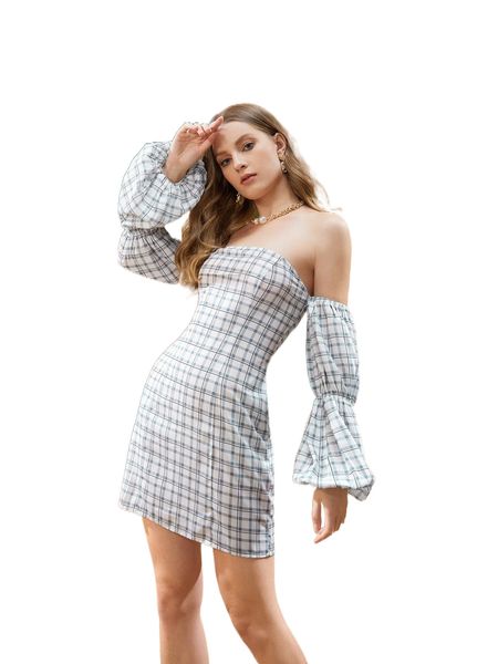 

x crizm plaid print off shoulder dress q5n7#, Black;gray