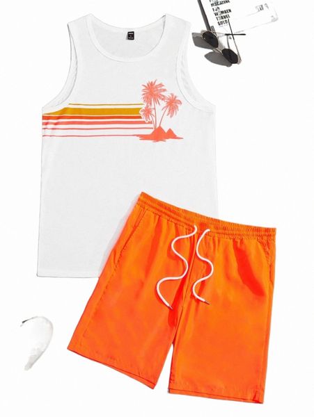 

men striped & coconut tree print tank & drawstring waist shorts p2tu#, Gray