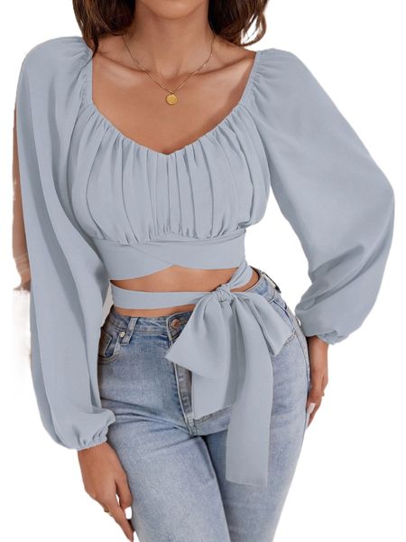 

ruched bust lantern sleeve knot front crop blouse q5fn#, White