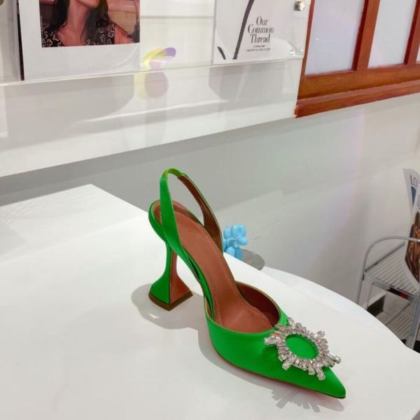 

amina muaddi womens sandals leather sole designer high heels 10cm crystal diamond chain decoration banquet women shoes green silk wedding fo, Black