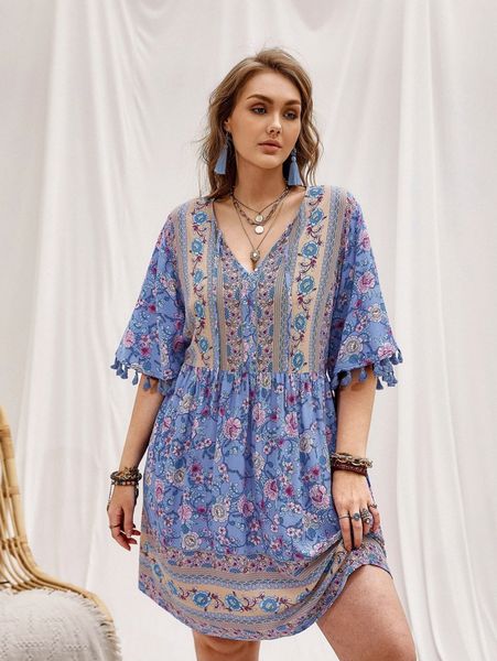 

rusttydustty plus floral print tie front tassel trim dress w5r0#, Black