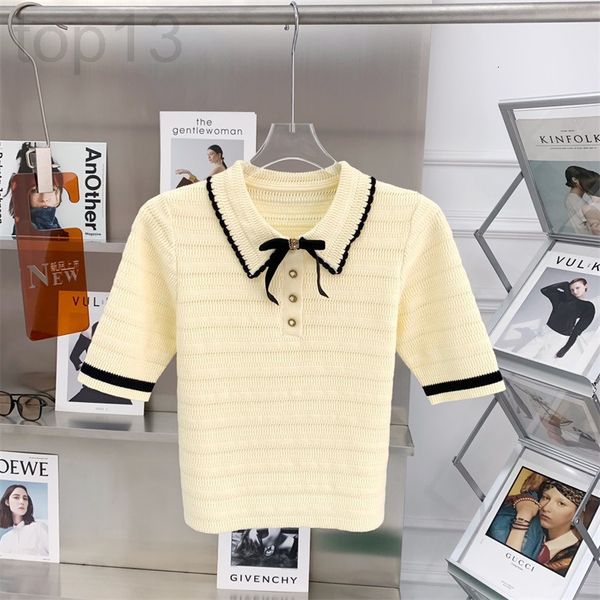 

women's knits & tees designer zhuojia 22 spring and summer new playful sweet age reduction contrast color bright thread lapel bow short, White