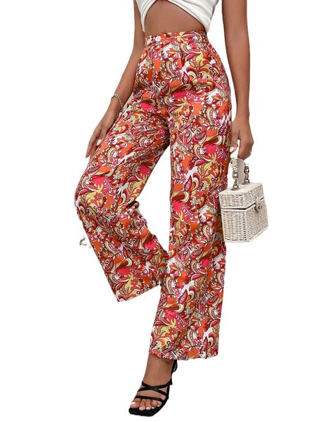 

high waist floral print plicated detail wide leg pants w8uj#, Black;white