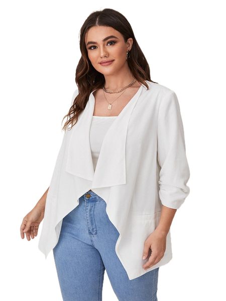 

plus ruched sleeve asymmetrical hem open front blazer z7s9#, Black