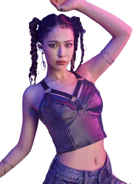 

romwe cyber luvr pu criss cross ring linked bralette c50a#, Black;red