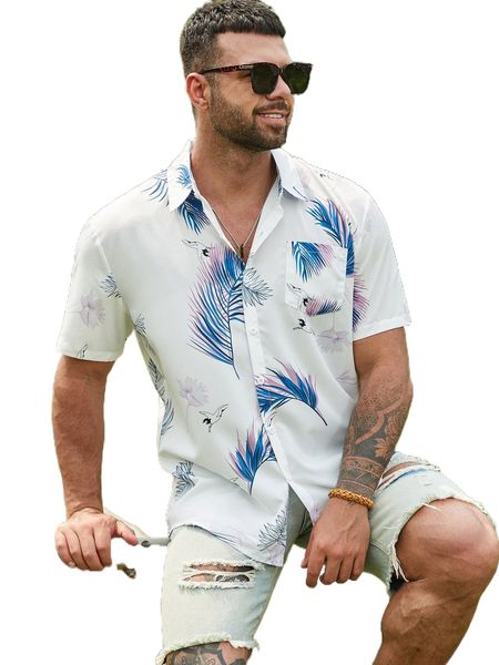 

extended sizes men crane and tropical print button up shirt t4yr#, White;black