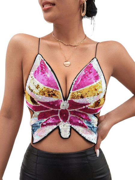 

mod sequin butterfly shaped lace up backless cami i1ga#, White