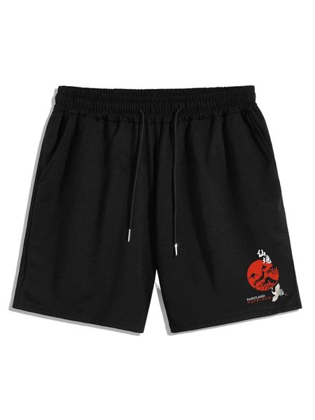 

men crane & letter graphic drawstring waist shorts g36s#, White;black