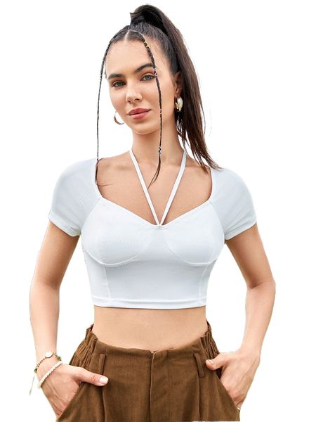 

tie back sweetheart neck crop tee q0zj#, White