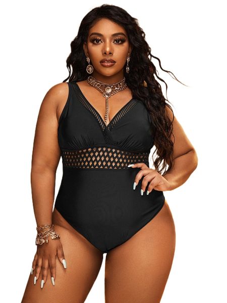 

plus hollow out one piece swimsuit l9wi#, White;black