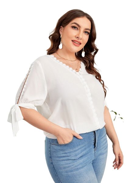 

plus guipure lace trim pearls beaded tie cuff blouse f8fy#, Black