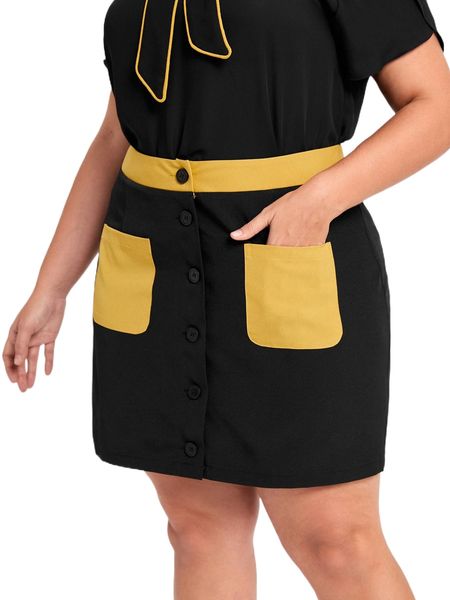 

plus button front pocket skirt c0g7#, Black
