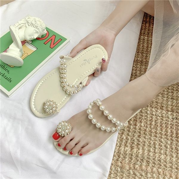 

slippers 2022 new summer pearl flat net red fashion rhinestone beach sandals, Black