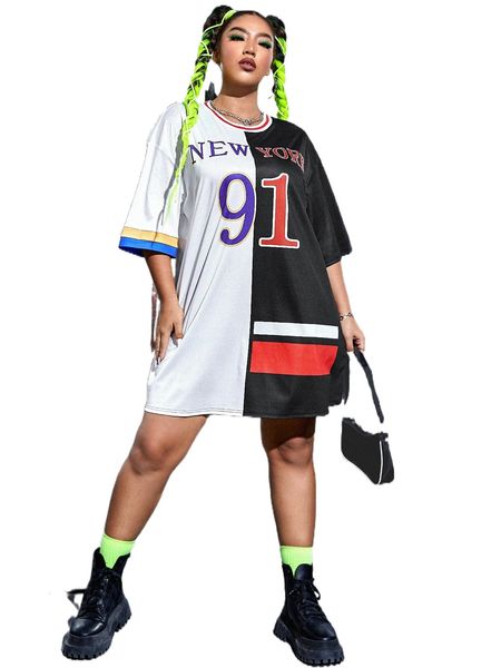 

plus letter graphic colorblock tee dress g6lj#, Black