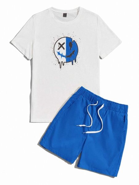 

men cartoon graphic tee & drawstring waist shorts set 59rp#, Gray