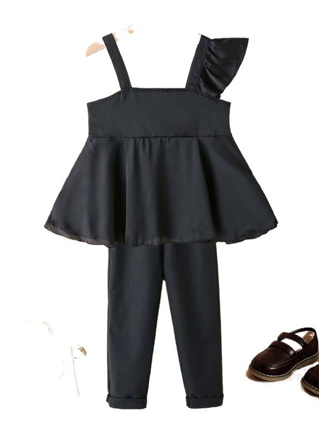 

girls asymmetrical neck babydoll with pants b4ag#, Black;white