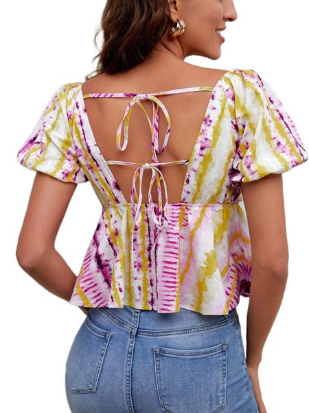 

tie dye puff sleeve sweetheart tie back peplum blouse n567#, White