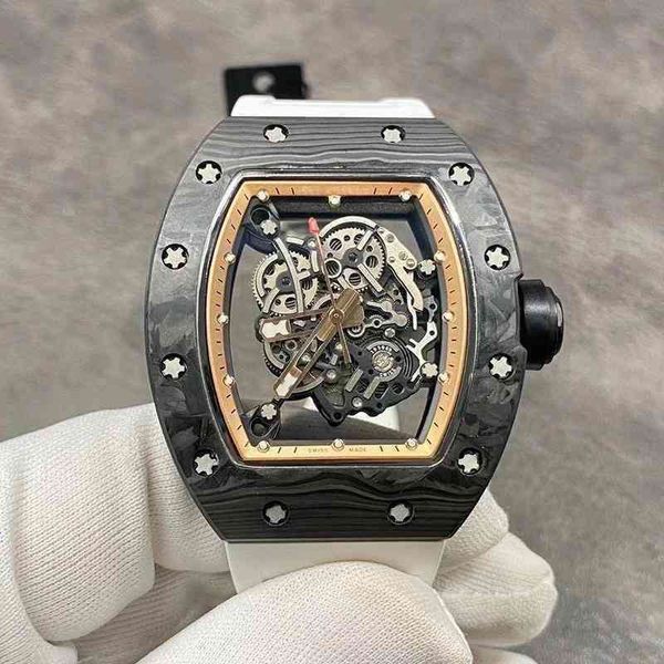 Relógio data luxo richardmill masculino relógio de pulso mecânico negócios lazer rms055 totalmente automático mecânico fibra carbono caso borracha branca