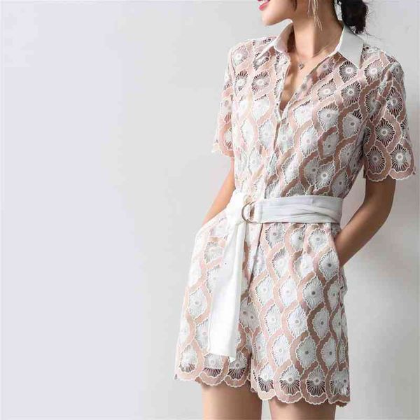 

women's shorts spring and summer style small fragrance shirt v-neck lace hollow waist closing conjoined pants women 239 pure, White;black