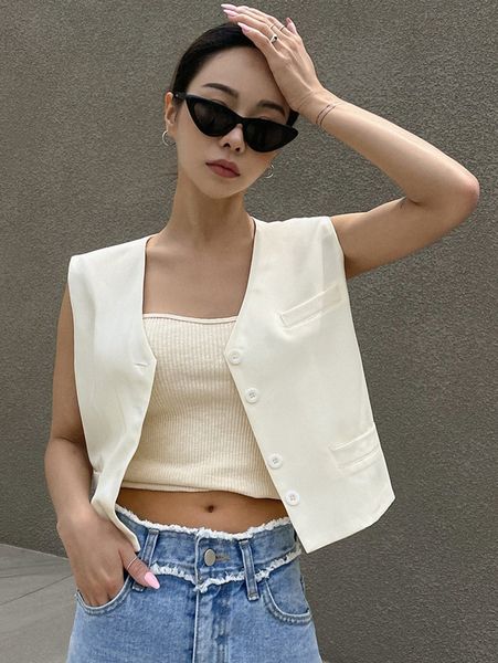 

dazy-less solid button front waistcoat j3es#, White