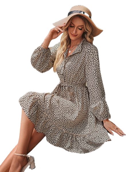 

allover print bishop sleeve belted shirt dress 42s1#, Black;gray