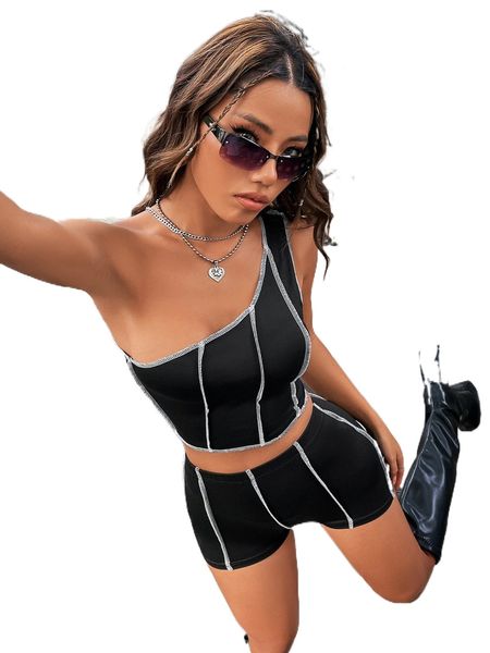 

stitching crop & biker shorts v4zz#, White