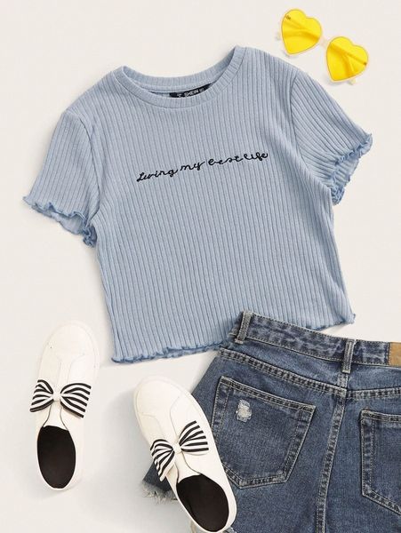 

embroidered slogan lettuce edge rib-knit tee 49zk#, White