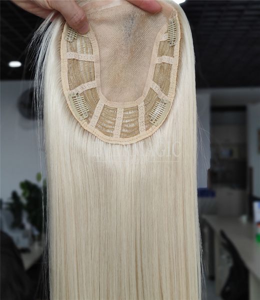 Toppers per capelli umani vergini biondi russi di nuova venuta Mono con pezzi di base a trama aperta per donne che si assottigliano