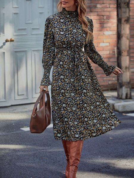 

ditsy floral flounce sleeve ruffle hem tie front dress f4ya#, Black;gray