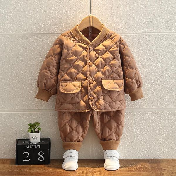 

clothing sets 0-4-year-old children's cotton clothes two-piece boys' solid diamond suit thickened warm sportswear cold proof windb, White