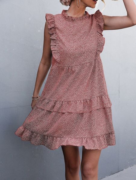 

allover print ruffle trim smock dress b0rw#, Black;gray