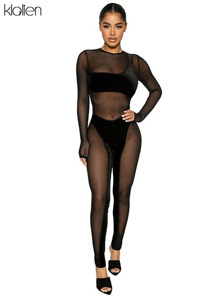 

autumn casual see through mesh patchwork long sleeve women jumpsuit women solid black streetwear female romper, Black;white