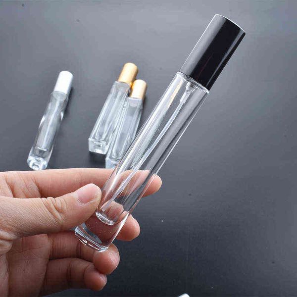 

10pc 10ml transparent glass eye essential oil roll on vials metal roller ball aroma square glass bottle y220428