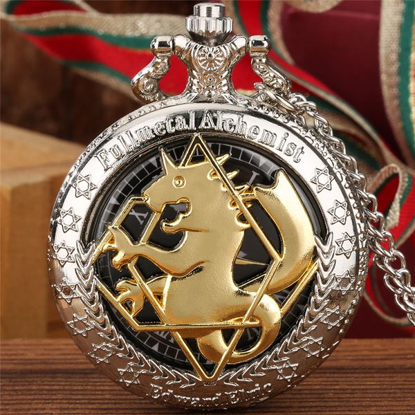 

silver watches hollow out case fullmetal alchemist cover men women roman number quartz pocket watch necklace chain gifts, Slivery;golden